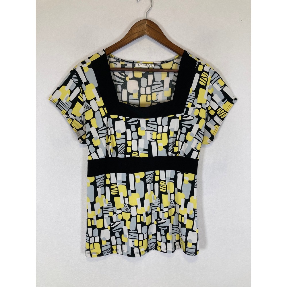 Mod Retro Claudia Richard Women 1X Yellow Geometric Square Neck Empire Waist Top